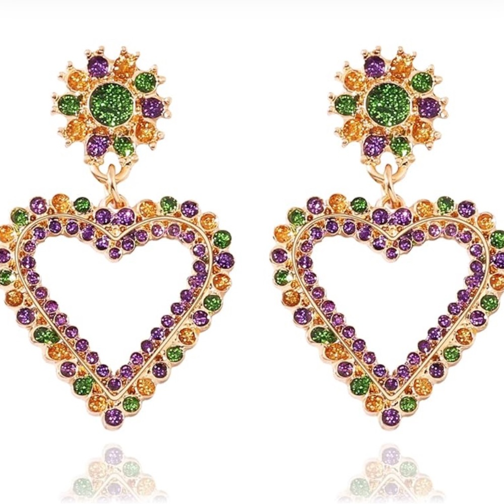 Mardi Gras Heart Crystal Drop Earrings